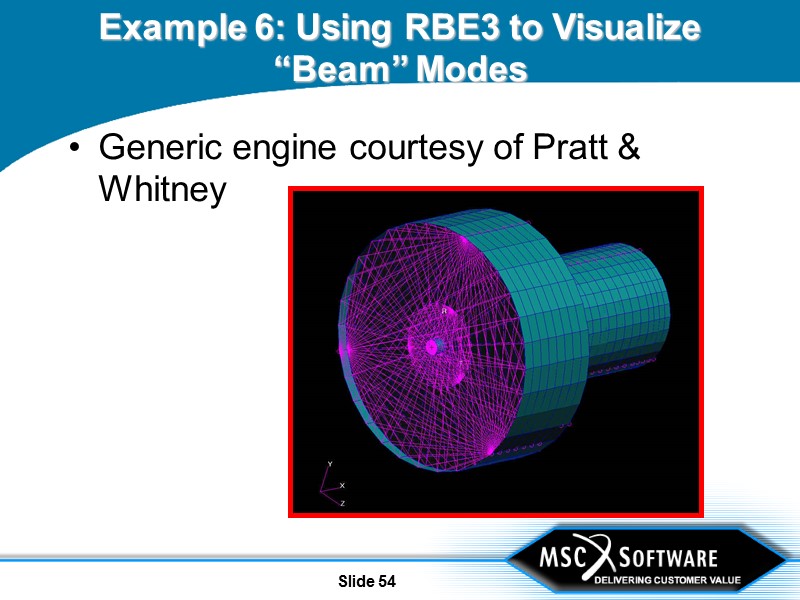 Slide 54 Example 6: Using RBE3 to Visualize “Beam” Modes Generic engine courtesy of